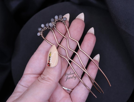 Labradorite Copper Hair Pin – Wire Wrapped Bun U-Pin, 4 Inch