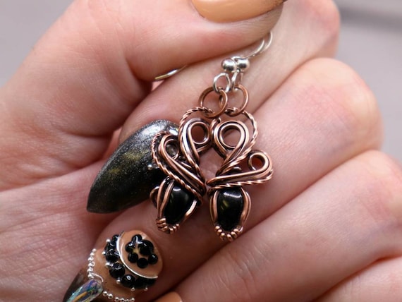 Black Onyx Teardrop Earrings - Twisted Copper Wire, Sterling Silver Hooks