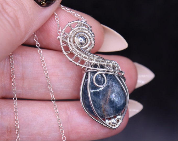 Gemmy Blue Kyanite Silver Necklace- Bright 925 Sterling Silver Filigree Style Pendant- Winter Fashion Jewelry for Colder Months