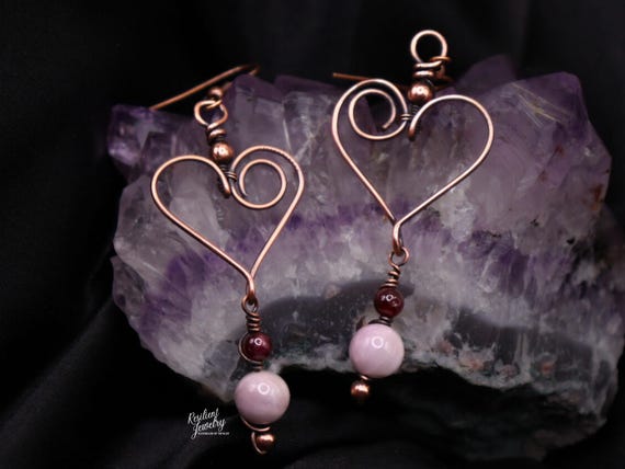 Kunzite & Garnet Copper Heart Earrings