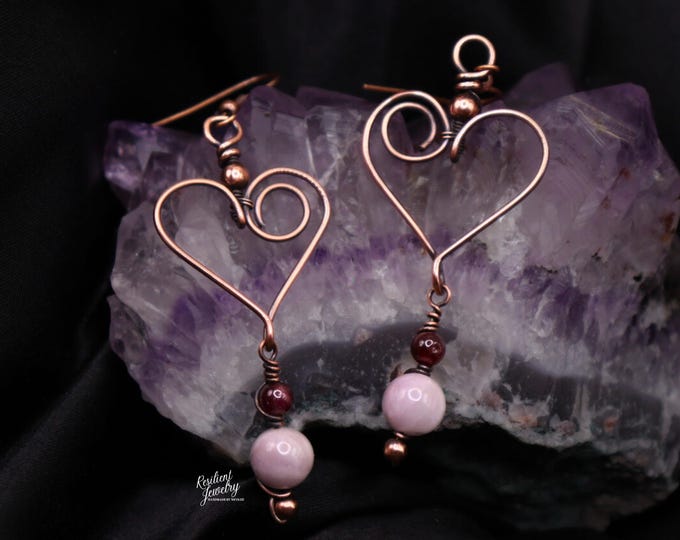 Kunzite & Garnet Copper Heart Earrings