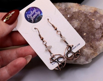 Crescent Moon Herkimer Diamond Antique CopperDangling Earrings - Crescent Moon Phase Quartz Point Crystal Earrings-  Grounding Earthy Vibes