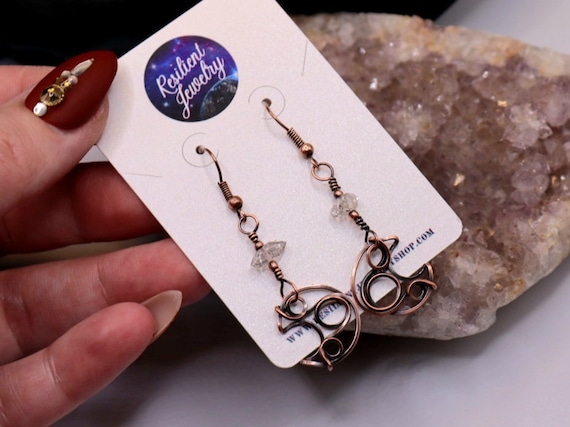 Crescent Moon Herkimer Diamond Copper Earrings - Celestial Jewelry
