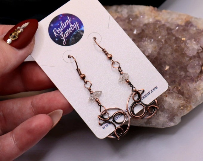 Crescent Moon Herkimer Diamond Antique CopperDangling Earrings - Crescent Moon Phase Quartz Point Crystal Earrings-  Grounding Earthy Vibes