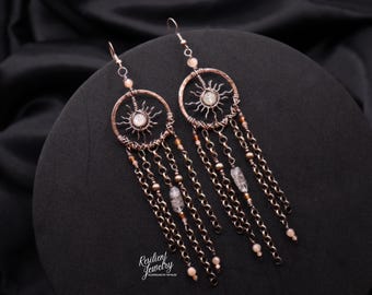 XL Citrine Sun & Herkimer Diamond Copper Dangle Earrings - Celestial Jewelry