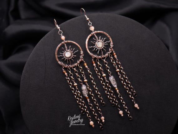 XL Citrine Sun & Herkimer Diamond Copper Dangle Earrings - Celestial Jewelry