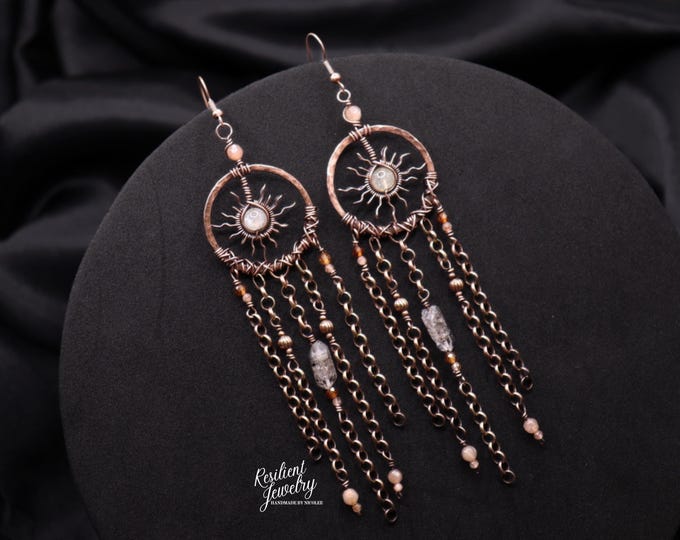 XL Citrine Sun & Herkimer Diamond Copper Dangle Earrings - Celestial Jewelry