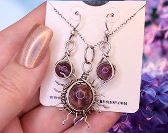 Super 7 Sterling Silver Sun Necklace and Earrings Gift Set - Handcrafted Crystal Jewelry for Special Occasions