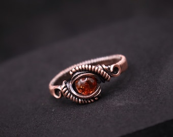 Handmade Amber Copper Wire Wrapped Ring - Any Size - Antique Copper Ring with a Sparkly Golden Amber - Crystal Healing Self Love Gift