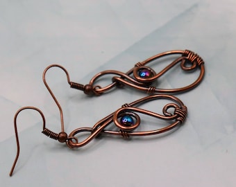 Rainbow Hematite Earrings - Copper Wire Wrapped hematite Earrings - Elegant Swirl - Statement Earrings - Rainbow Crystal Gift -