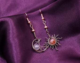 Sun & Moon Copper Earrings - Celestial Sunstone Sun Moonstone Moon Antique Copper Wire Wrapped Dangling Earrings -Beautiful Summer Jewelry