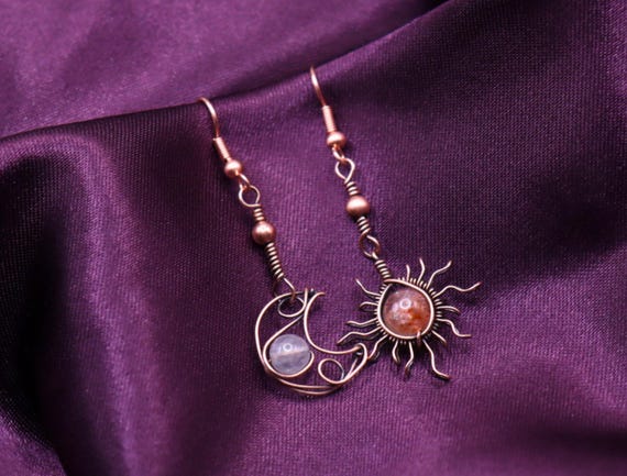 Copper Sun and Moonstone Earrings – Celestial Jewelry