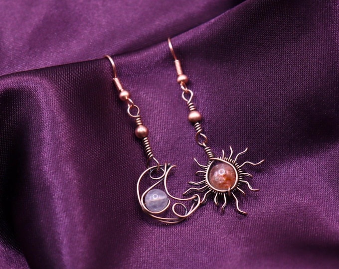 Sun & Moon Copper Earrings - Celestial Sunstone Sun Moonstone Moon Antique Copper Wire Wrapped Dangling Earrings -Beautiful Summer Jewelry