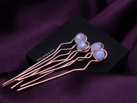 Rainbow Moonstone Hair Pins – Antique Copper Wire Wrapped Updo Accessories