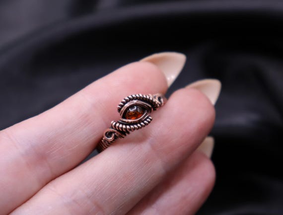 Handmade Amber Copper Wire Wrapped Ring - Crystal Healing