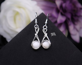 Silver Moonstone Drop Design Earrings- Blue Flash Moonstone  - Infinity loop Teardrop wire wrapped earrings