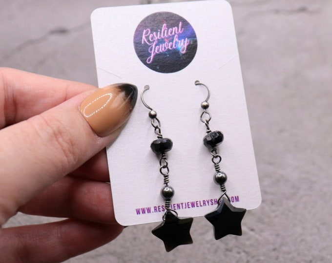 Black Onyx Star Dangling Earrings- Black Sterling Silver Jewelry - Crystal Star Jewelry- Gothic Witchy Cute Earrings -Celestial Star Crystal