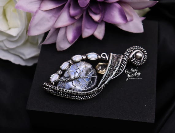 Wire Wrapped Tree of Life Pendant – Sterling Silver, Citrine, Opal, Moonstone