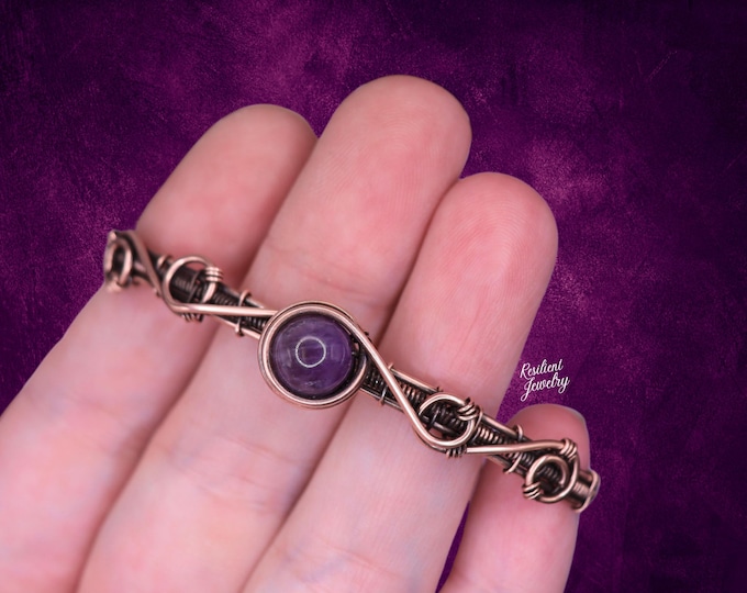 Wire Wrapped Super 7 Crystal Copper Bracelet - Handcrafted Hammered and Weaved Unique Copper Bracelet Cuff with Clasp - Any Wrist Size S 3XL