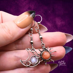 Silver Sun and Moon Earrings - Asymmetrical Earrings- Sunstone Sun Moonstone Moon Wire Wrapped in Antique Sterling Silver -