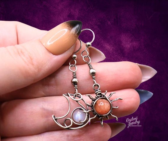 Sunstone Moonstone Sterling Silver Earrings - Celestial Jewelry