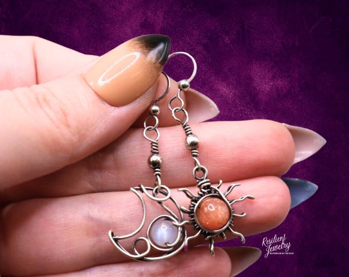 Silver Sun and Moon Earrings - Asymmetrical Earrings- Sunstone Sun Moonstone Moon Wire Wrapped in Antique Sterling Silver -