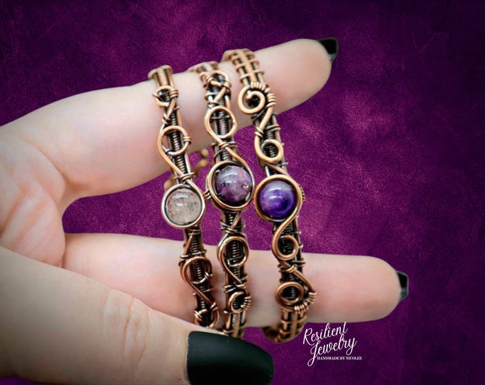 Crystal Wire Wrapped Bracelet- Antiqued Copper Cuff with Saftey Clasp- Customized Crystal and Size.- Small to Extra Large Plus Size Bracelet