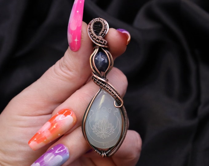 Sapphire & Lotus Moon Phase Agate Copper Wire Wrapped Pendant- Multi Stone Pendant- Carved Blue Agate Crystal- Witchy Moon Lotus Jewelry