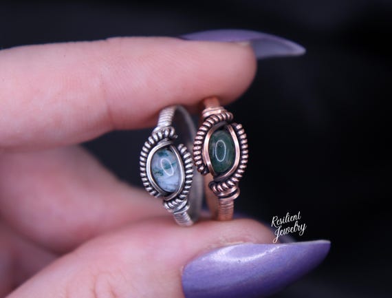Custom Moss Agate Ring: Handmade Wire Wrapped, Sterling Silver or Copper