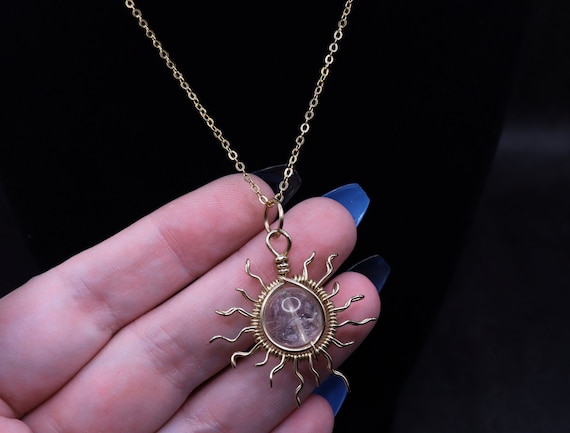 Handcrafted Rutilated Quartz Sun Pendant – Gold Wire Wrapped Necklace
