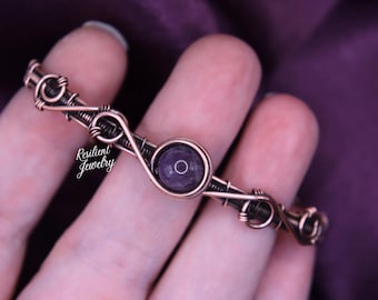 Wire Wrapped Super 7 Crystal Copper Bracelet - Handcrafted Hammered and Weaved Unique Copper Bracelet Cuff with Clasp - Any Wrist Size S 3XL