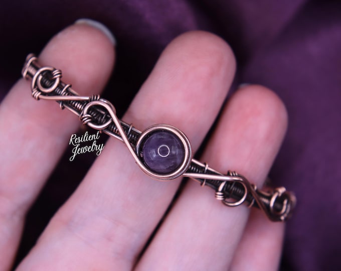 Wire Wrapped Super 7 Crystal Copper Bracelet - Handcrafted Hammered and Weaved Unique Copper Bracelet Cuff with Clasp - Any Wrist Size S 3XL