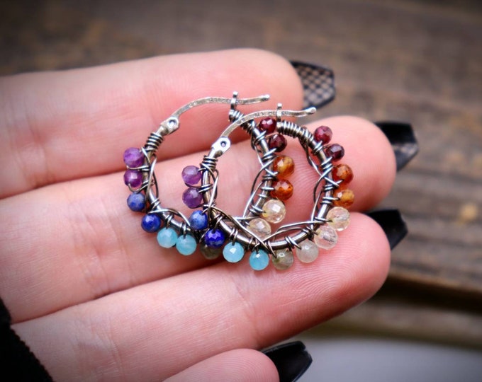 Sterling Silver Chakra Beaded Hoop Earrings - Chakra Hoops - Antique Silver Crystal Ear Hoops - Chakra Gift for Her - Sparkly Earrings