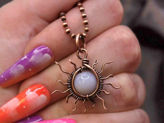 Blue Lace Agate Sunshine Necklace - Copper Wire Wrapped Pendant