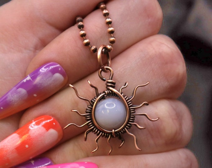 Blue Lace Agate Sunshine Necklace- Summer Sun Copper Wire Wrapped Pendant - Hippie Sun - Blue Lace Chalcedony- Baby Blue Crystal Pendant
