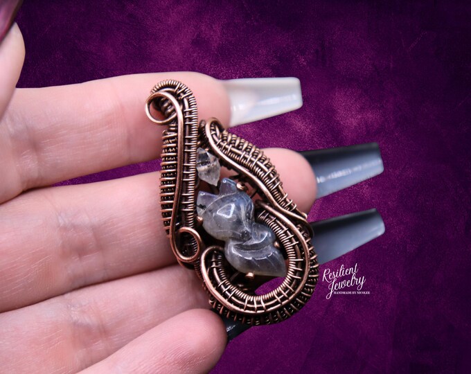 Labradorite Fox Copper Wire Wrapped Pendant with Herkimer Diamond Accent- Blue Flash Labradorite Fox Talisman