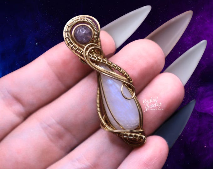 Moonstone & Lepidolite with Pink Tourmaline Gold Wire Wrapped Pendant - Jewelers Brass Necklace - Harmony Heart Energy Crystal Jewelry