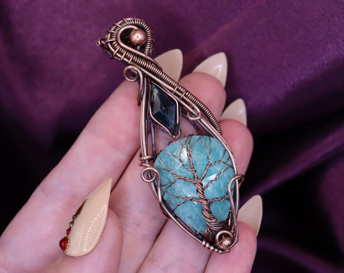 Amazonite & Kyanite Tree of Life Pendant – Copper Wire Wrapped Crystal Necklace