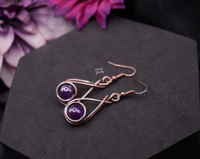 Amethyst Earrings - Copper Wire Wrapped Amethyst Earrings - Elegant Swirl - Bulky Statement Earrings - Amethyst gift