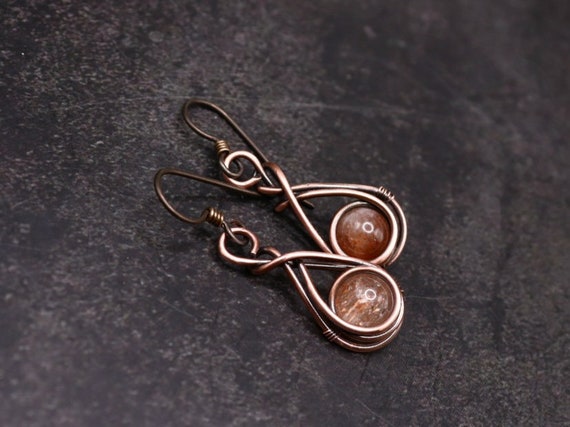 Wire Wrapped Sunstone Earrings – Antique Copper Infinity Swirl