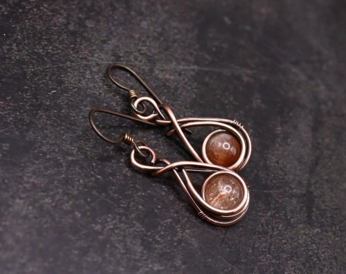 Sparkly Sunstone Dangling Earrings - Infinity Swirl Earrings- Antique Copper Wire Wrapped Sunstone Jewelry- Summertime Boho Accessories