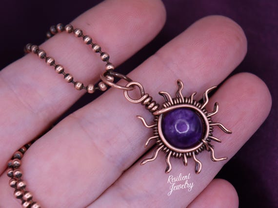 Sugilite Sunray Pendant – Copper Wire Wrapped Celestial Necklace