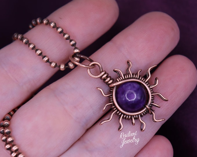 Sugilite Sunray Copper Wire Wrapped Necklace- Deep Purple Crystal Pendant Summer Celestial Sun Goddess Jewelry