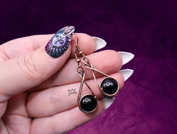 Black Onyx Earrings - Handmade Copper Wire Wrapped Crystal Jewelry