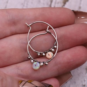 Opal Sterling Silver Hoop Earrings- Dainty Opal Accents