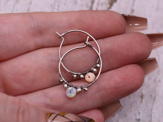 Opal Sterling Silver Hoop Earrings- Dainty Opal Accents