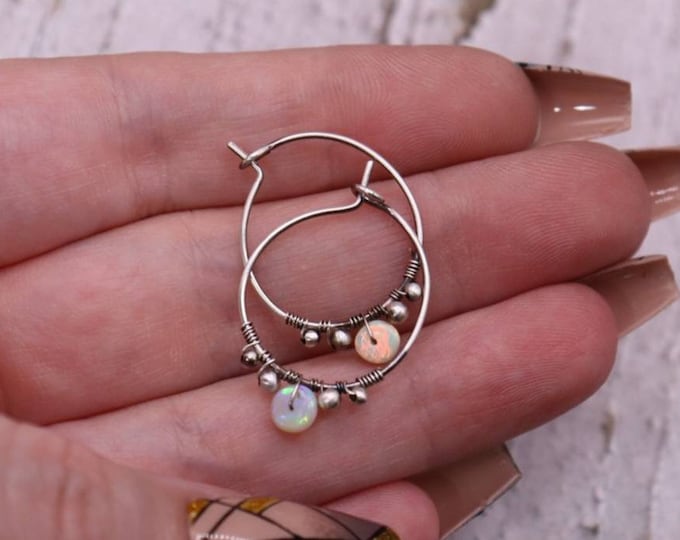 Opal Sterling Silver Hoop Earrings- Dainty Opal Accents