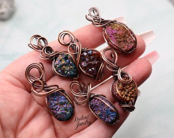 Choose Your Titanium Aura Druzy Copper Wire Wrapped Pendant- Colorful Rainbow Aura Druzy Crystals