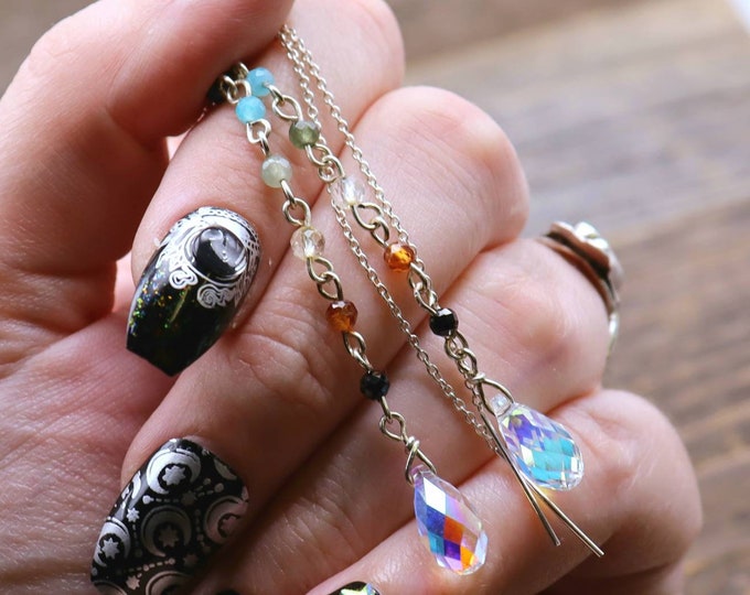 Aura Chakra Drop Threader Earrings - Rainbow Aura Crystal Chakra Gemstone Earrings - 3 inch Drop Dangling Earrings