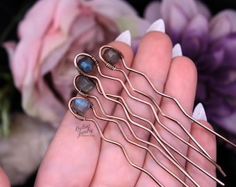 Copper Labradorite Hair Pins – Handmade Crystal Hair Accessories for Styling and Updos- Rustic Wedding Hair Styles